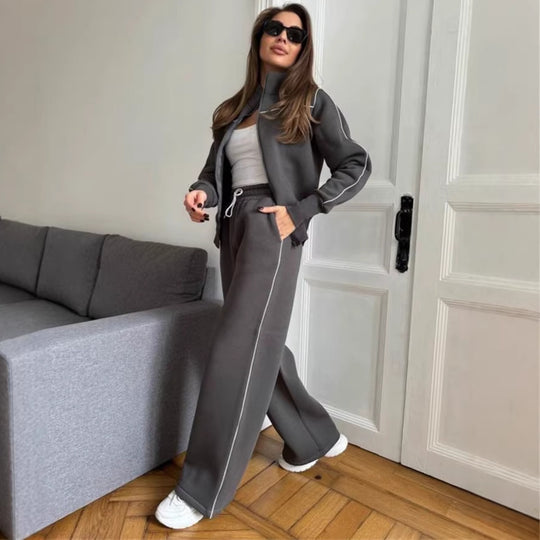 Damen Zweiteiliges Jogginganzug-Set mit Stehkragen, Kontrastpaspel und weitem Bein Shop Nory