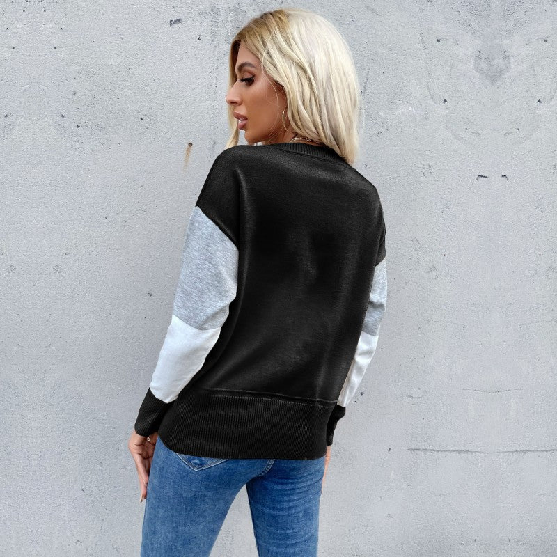 Damen Patchwork-Strickpullover mit kontrastierenden Feldern, Rundhalsausschnitt und gerippten Abschlüssen Shop Nory