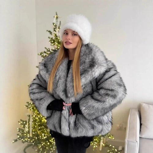 Damen Kurzmantel aus gestreiftem Hochflor-Kunstpelz, Boxy‑Silhouette und breitem Revers Shop Nory