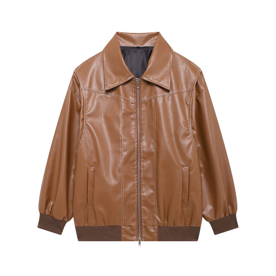 Damen Kunstlederjacke mit elastischen Bündchen und hochschließendem Kragen