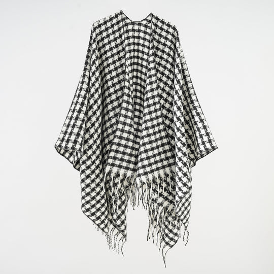 Damen Offener Wollmix-Poncho im Hahnentritt‑Karo mit Fransen Shop Nory
