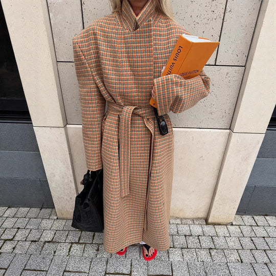Damen Oversize Wollmantel mit Hahnentritt-Muster und Taillengürtel Shop Nory
