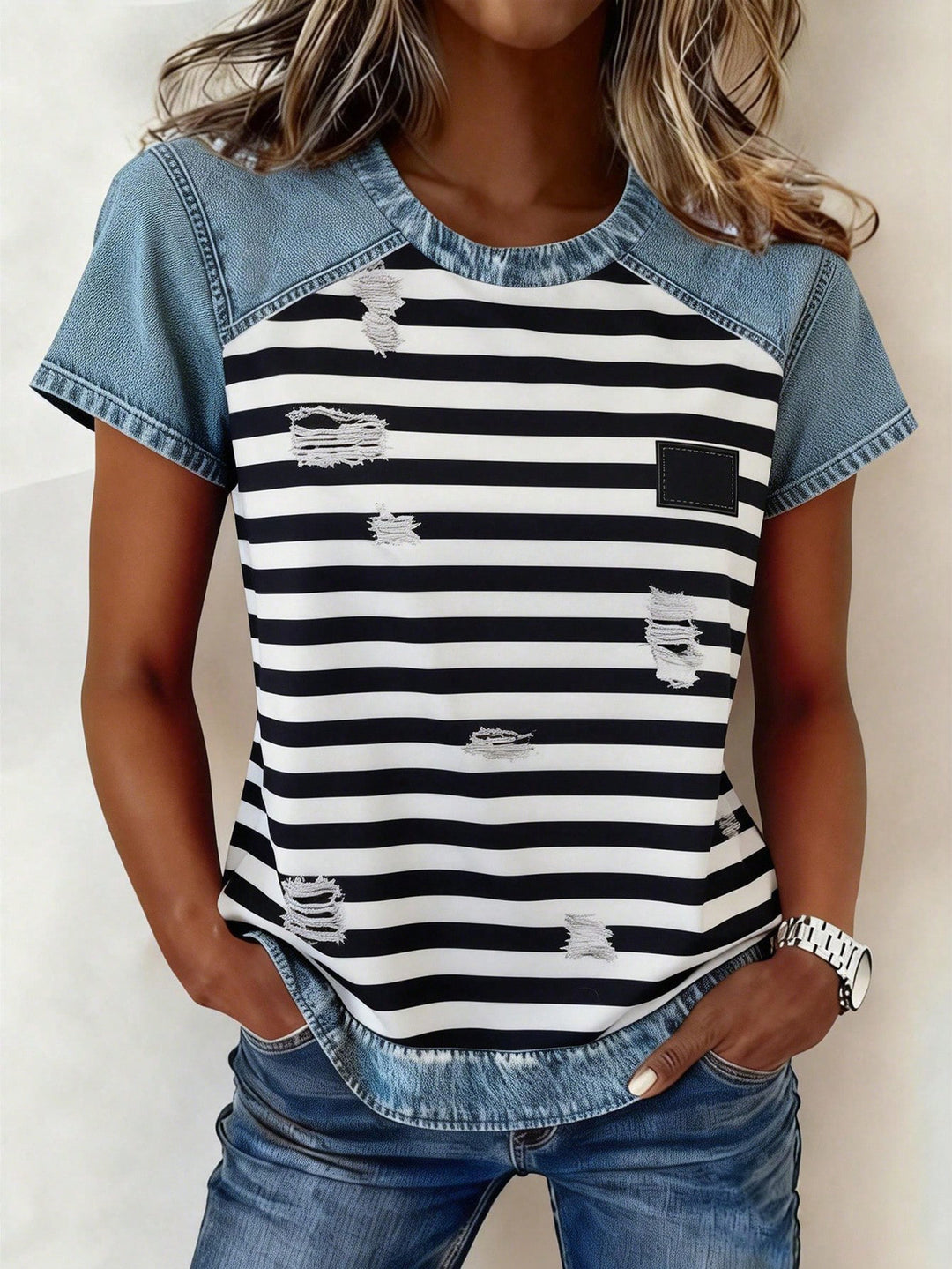Damen Kurzarmshirt mit Jeans-Einsätzen und Teddy-Patchprint Shop Nory