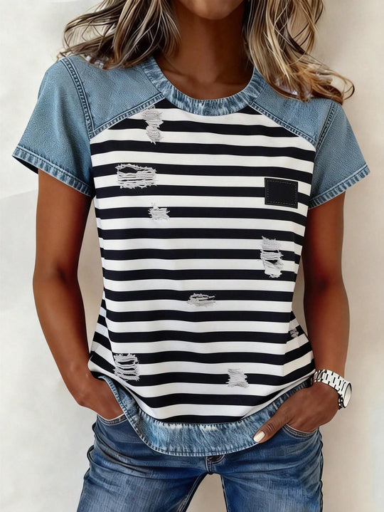 Damen Kurzarmshirt mit Jeans-Einsätzen und Teddy-Patchprint Shop Nory