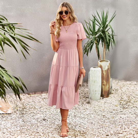Damen Midikleid mit schwingendem Rüschensaum und elastischem Oberteil Shopnory