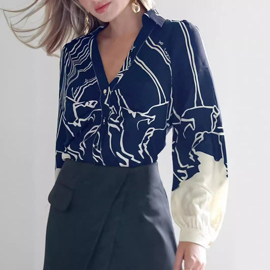 Damen V-Ausschnitt-Bluse mit abstraktem Grafikprint, Ballonärmeln und kontrastierenden Manschetten Shop Nory