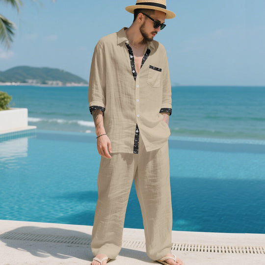 Herren Leinenoptik-Loungewear-Set mit Kordelzughose und offenem Hemdjacke Shop Nory