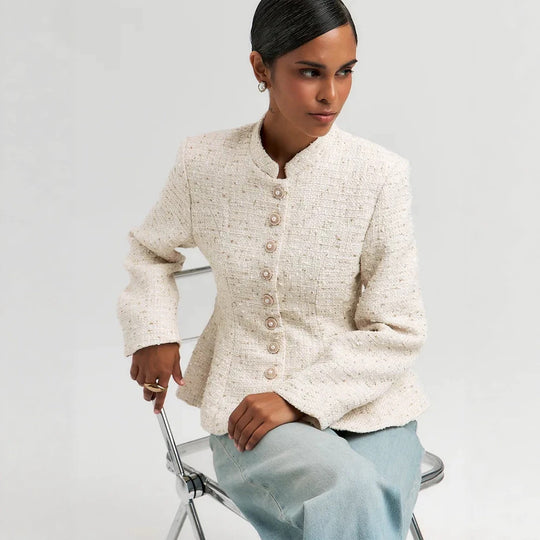 Damen Bouclé-Blazer mit Stehkragen und taillierter Schößchen-Silhouette Shop Nory
