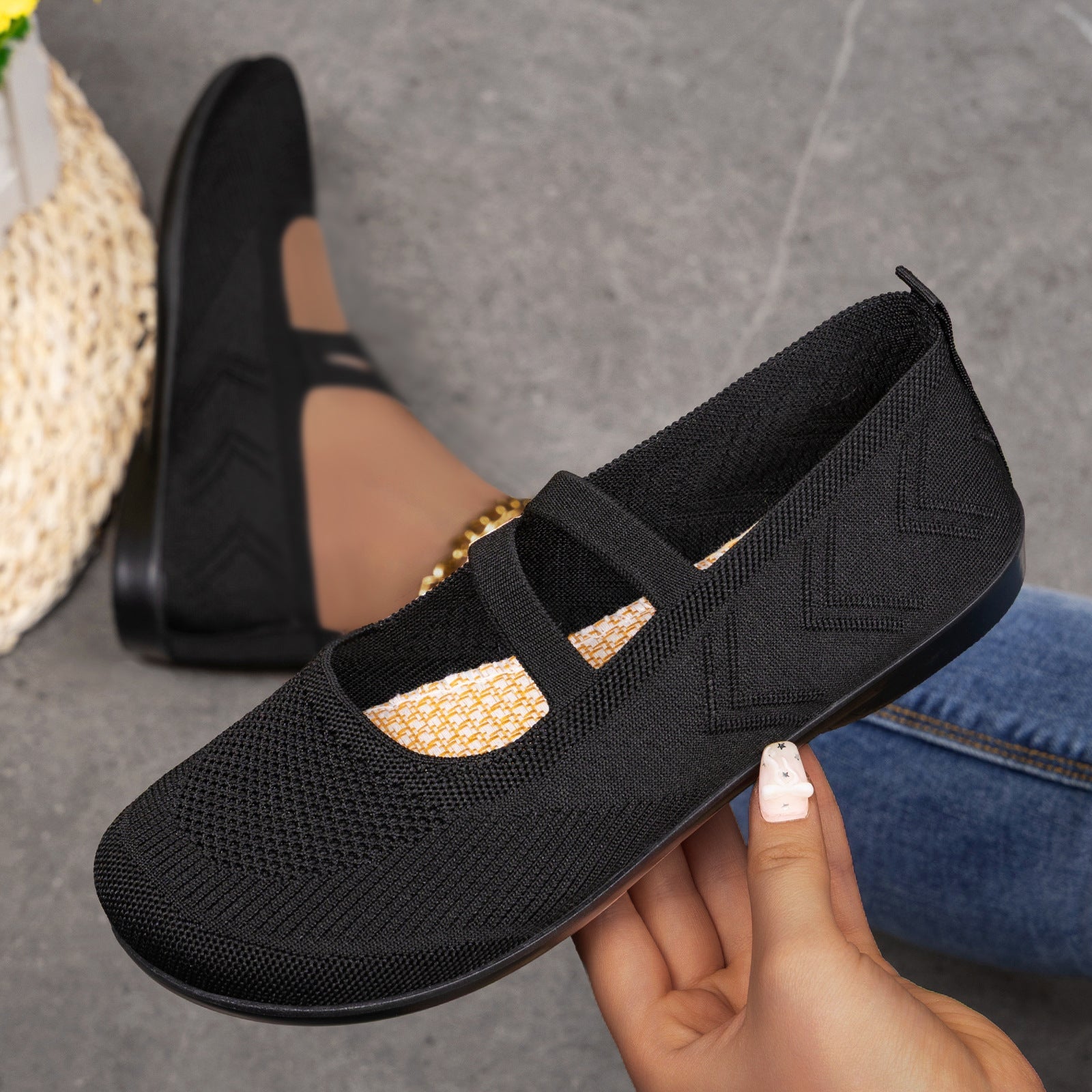 Damen bequeme Ballerinas mit elastischen Riemen und atmungsaktiver Mesh-Oberfläche