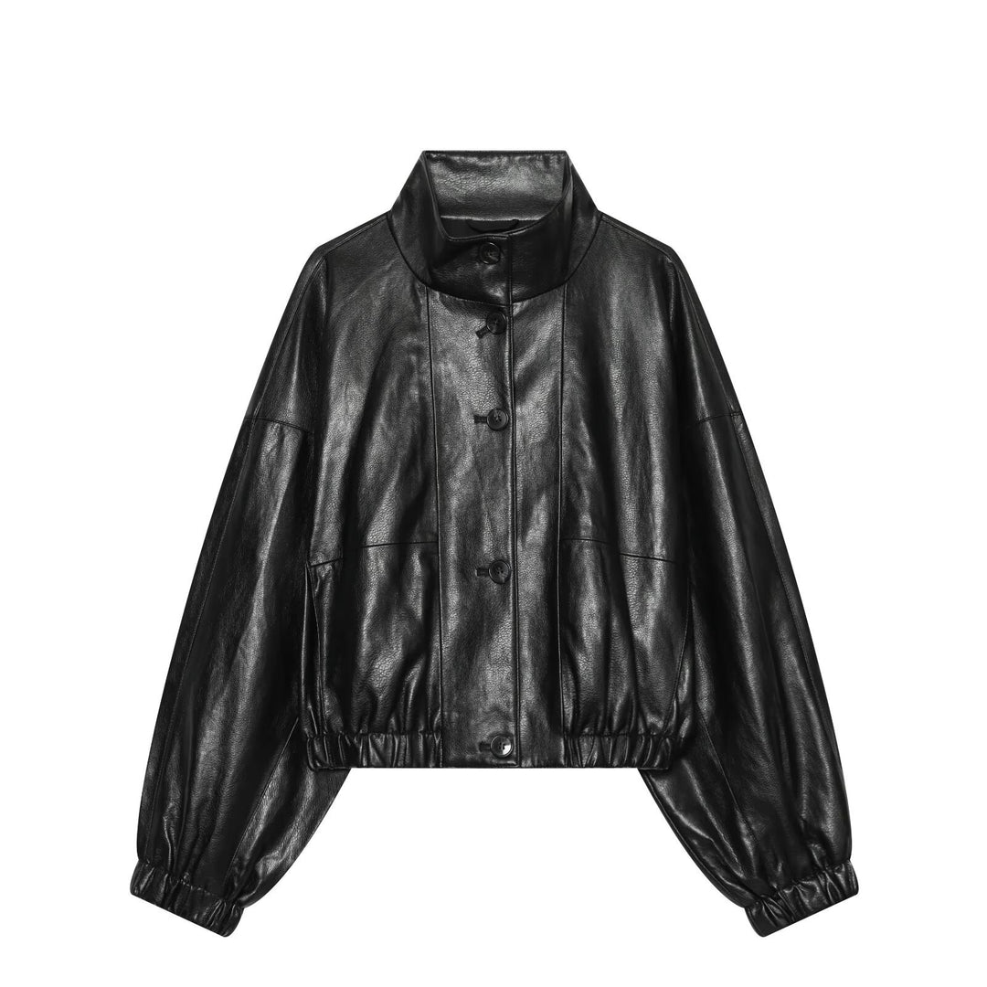 Damen Kurze Kunstleder‑Bomberjacke mit hohem Funnelkragen und elastischem Saum Shop Nory