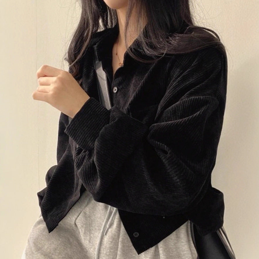 Damen Kurzgeschnittene Cordjacke mit Oversize-Ärmeln und Brusttaschen Shop Nory