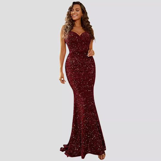 Damen Figurbetontes Glitzer-Abendkleid mit herzförmigem Ausschnitt und schwingendem Rock