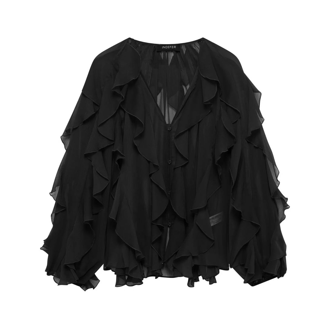 Damen Chiffon-Bluse mit vielfachen Volant-Rüschen und Knopfleiste Shop Nory