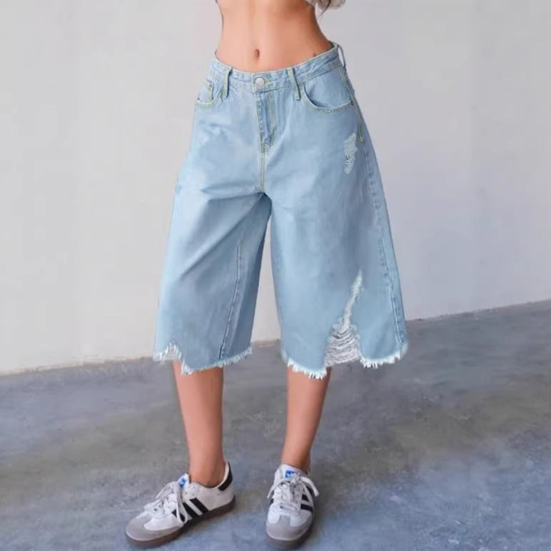 Damen Weite Denim-Culotte mit hohem Bund, Distressed-Details und rohem Saum Shop Nory