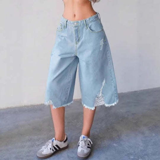 Damen Weite Denim-Culotte mit hohem Bund, Distressed-Details und rohem Saum Shop Nory