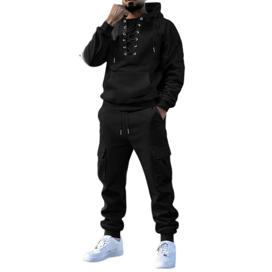 Herren Kapuzenpullover mit markanter Vorderschnürung, Kängurutasche und elastischen Bündchen Shop Nory