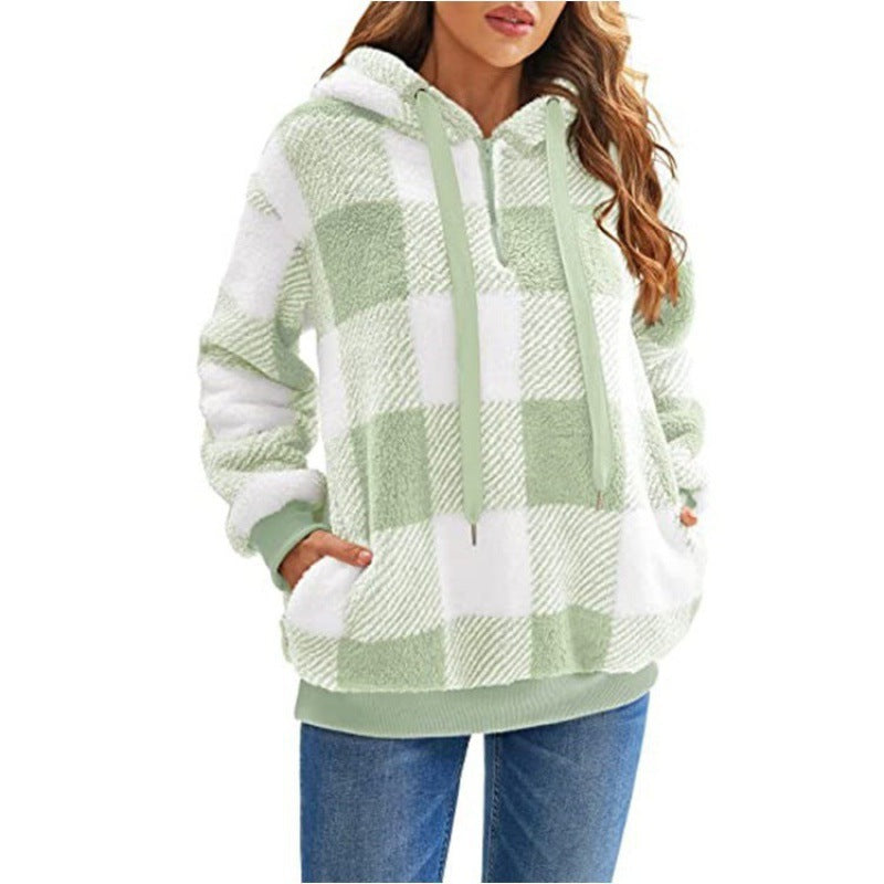 Damen Oversized Sherpa-Hoodie im Karomuster mit halbem Reißverschluss und Kängurutasche Shop Nory