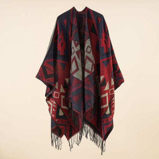 Damen Gewebter Ruana-Umhang aus Wollmix mit grafischem Ethno-Jacquard und langen Fransen Shop Nory