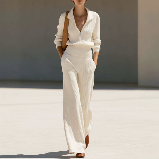 Damen Rippstrick-Set mit halbem Reißverschluss und weiten Palazzo-Hosen Shop Nory