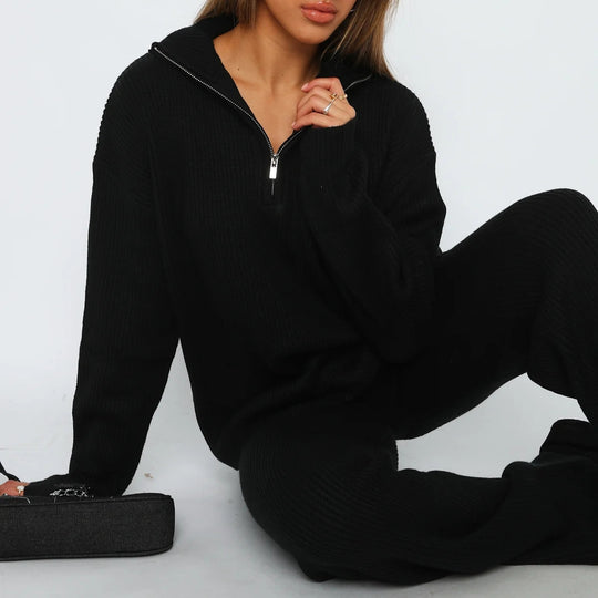 Damen geripptes Strick‑Loungewear‑Set mit halbem Reißverschluss und High‑Waist Leggings Shop Nory