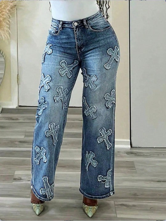 Damen Hochtaillierte Straight‑Leg‑Jeans mit Fransen‑Kreuz‑Applikationen Shop Nory