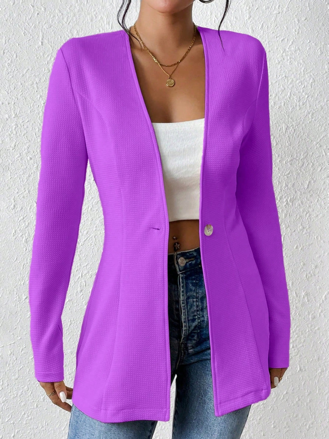 Damen Taillierter kragenloser Longblazer mit Ein-Knopf-Verschluss Shop Nory