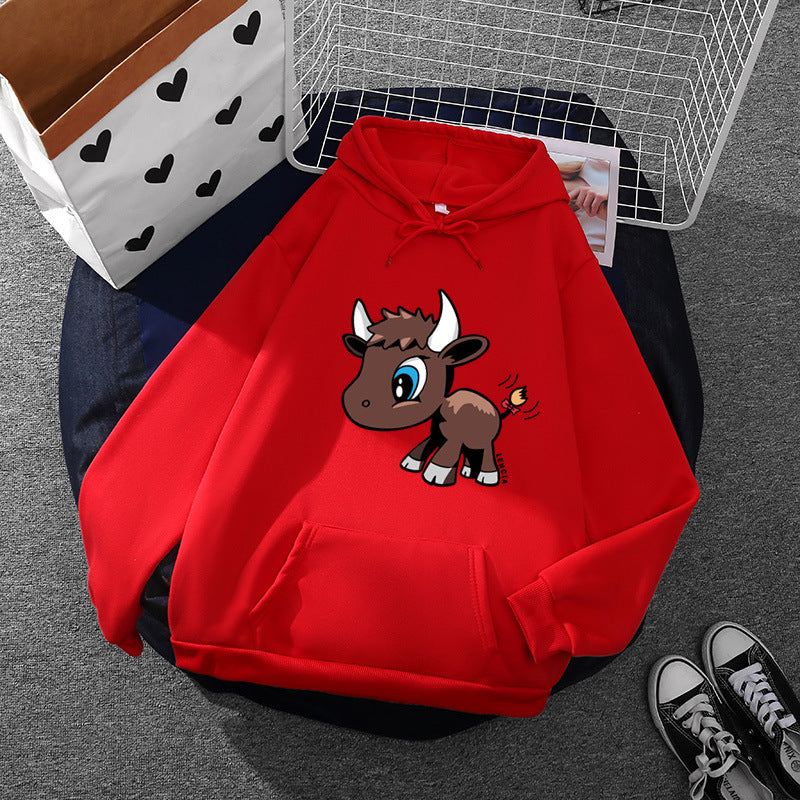 Damen nan Kapuzenpullover mit charmantem Stier-Karikaturprint, Kängurutasche und entspanntem Oversize-Schnitt Shop Nory