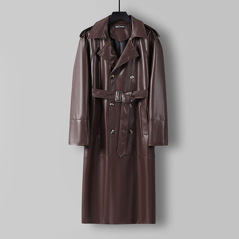 Herren Langer Kunstleder-Trenchcoat mit Doppelreiher, Taillengürtel und Schulterklappen Shop Nory