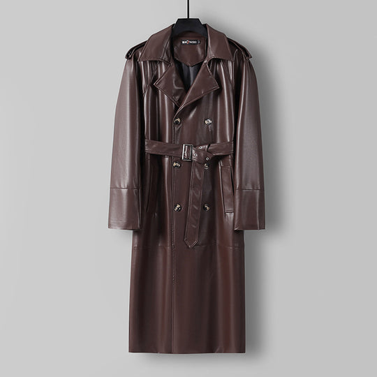 Herren Langer Kunstleder-Trenchcoat mit Doppelreiher, Taillengürtel und Schulterklappen Shop Nory
