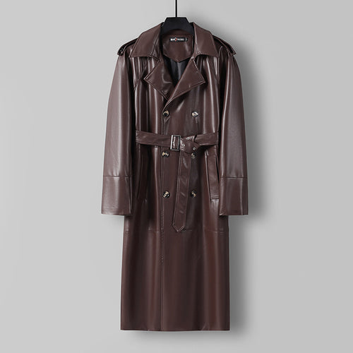 Herren Langer Kunstleder-Trenchcoat mit Doppelreiher, Taillengürtel und Schulterklappen Shop Nory