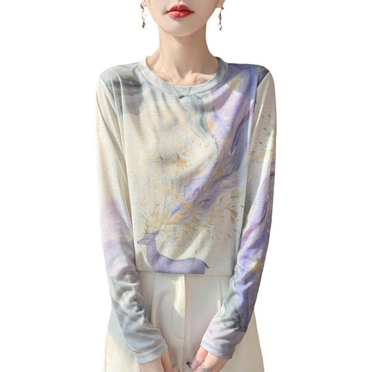 Damen Leichtes Langarmshirt aus Viskose-Mix mit Aquarellprint und Rundhalsausschnitt Shop Nory