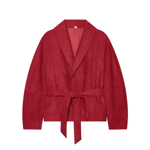 Damen Cropped Jacke im Kimono-Stil aus Veloursoptik mit Schalkragen und Bindegürtel Shop Nory