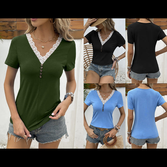 Damen V-Ausschnitt T-Shirt mit Spitzenbesatz und Holzknopfdetail