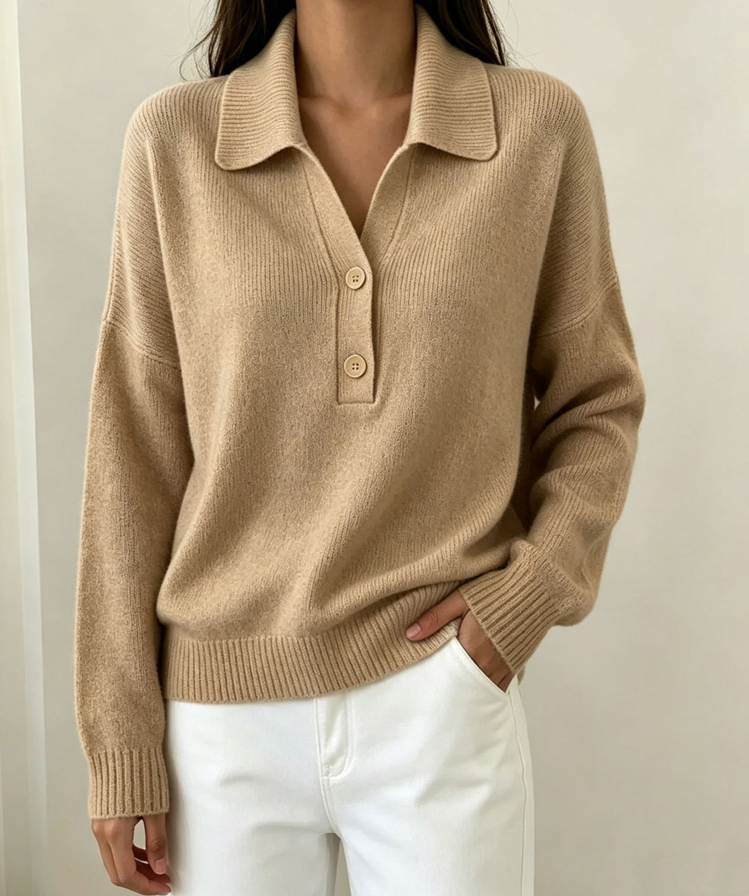 Damen Polokragen-Pullover mit halber Knopfleiste und geripptem Saum Shop Nory