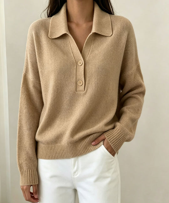 Damen Polokragen-Pullover mit halber Knopfleiste und geripptem Saum Shop Nory