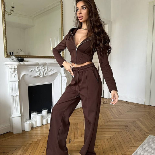 Damen tailliertes Cropped-Kapuzensweatshirt mit verdecktem Reißverschluss und High-Waist Wide-Leg Jogginghose Set Shop Nory
