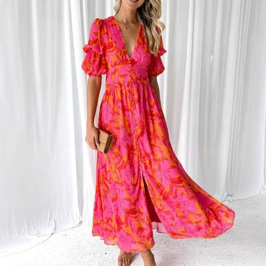 Damen Maxikleid mit Blumenmuster und V-Ausschnitt