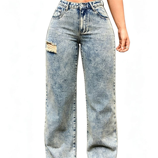 Damen High-Waist Relaxed-Jeans mit Steinwasch-Effekt und seitlichem aufgerissenem Einsatz Shop Nory