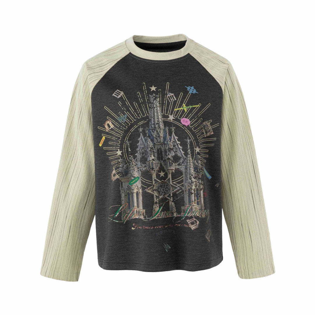 Damen Raglan‑Sweatshirt mit grafischem Kathedralprint und strukturierten Ärmeln Shop Nory