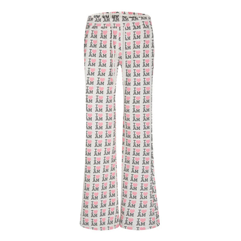 Damen High-Waist Loungehose mit ausgestelltem Beinschnitt, Kordelzug und Allover-Statement-Print Shop Nory