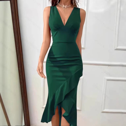 Damen Midikleid mit V-Ausschnitt und asymmetrischem Rüschensaum