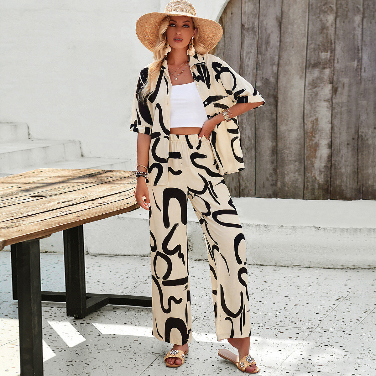 Damen luftiges Zweiteiliges Ensemble mit floralem Muster und weiten Hosen