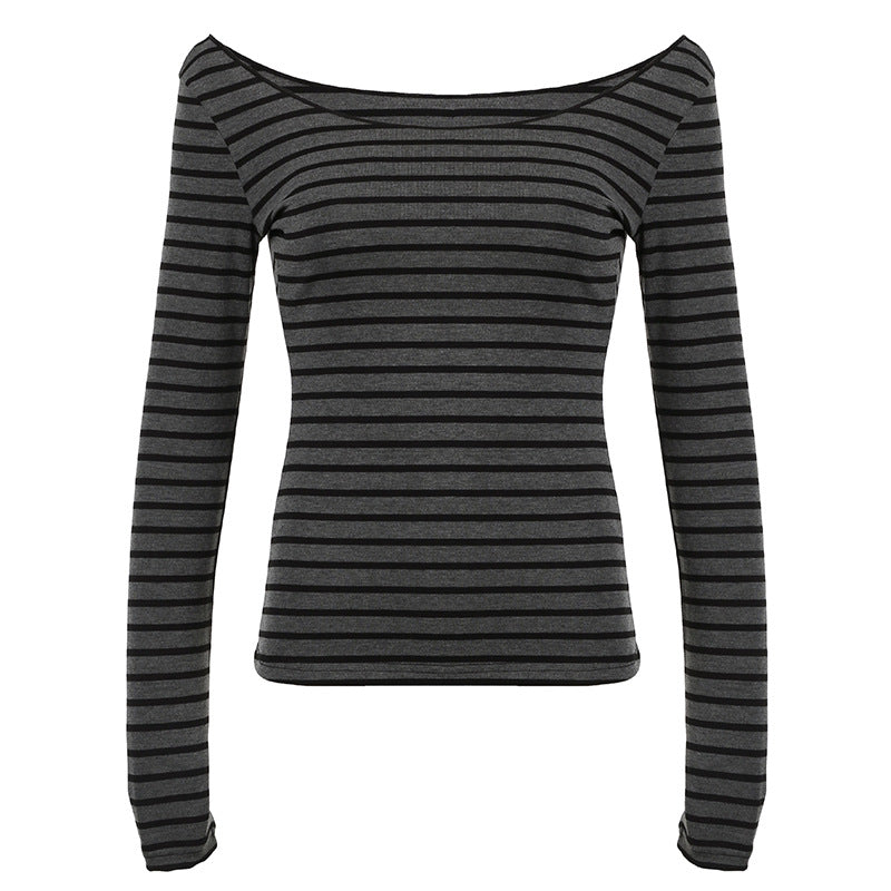 Damen nan schulterfreies gestreiftes Langarmshirt mit weitem U-Boot-Ausschnitt und figurbetonter Taillierung Shop Nory