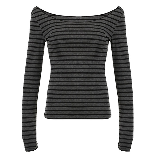Damen nan schulterfreies gestreiftes Langarmshirt mit weitem U-Boot-Ausschnitt und figurbetonter Taillierung Shop Nory
