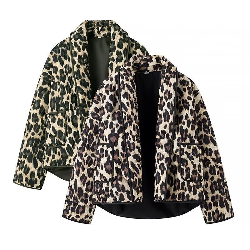 Damen Gepolsterte Kurzjacke im Leopardenprint mit Schalkragen und aufgesetzten Taschen Shop Nory