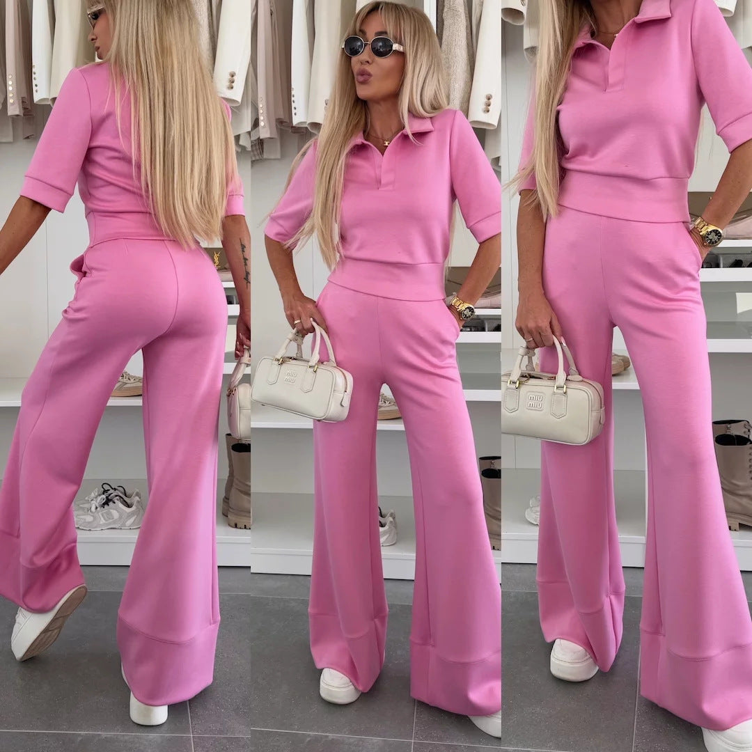 Damen Elegantes Scuba-Loungewear-Set mit Polokragen und taillenhoher Palazzo-Hose Shop Nory