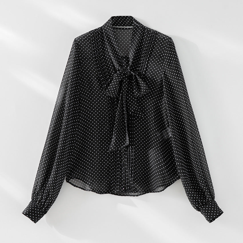 Damen Chiffon-Bluse mit Schleifenkragen, Pünktchenmuster und Biesen-Detail Shop Nory
