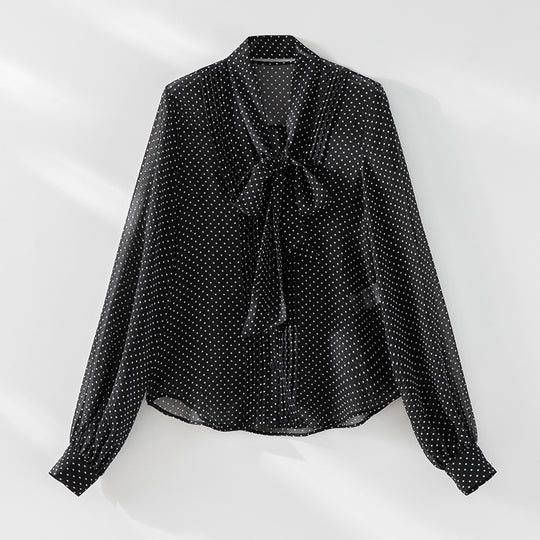Damen Chiffon-Bluse mit Schleifenkragen, Pünktchenmuster und Biesen-Detail Shop Nory