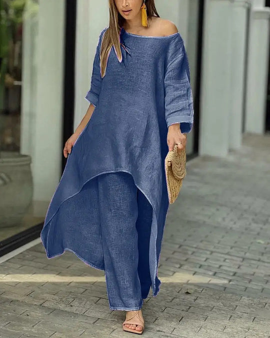 Damen luftiges Leinen‑Mix Tunika‑Set mit weitem Palazzohose Shop Nory