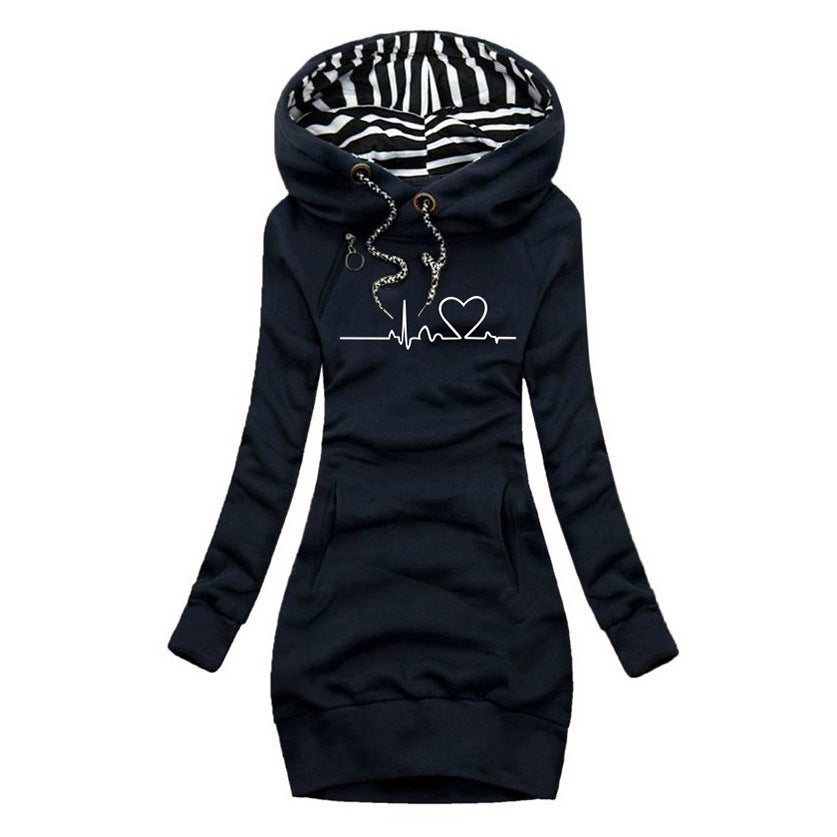 Damen Kapuzen-Sweatkleid mit gestreiftem Kapuzenfutter, Kängurutasche und Herz-EKG-Druck Shop Nory